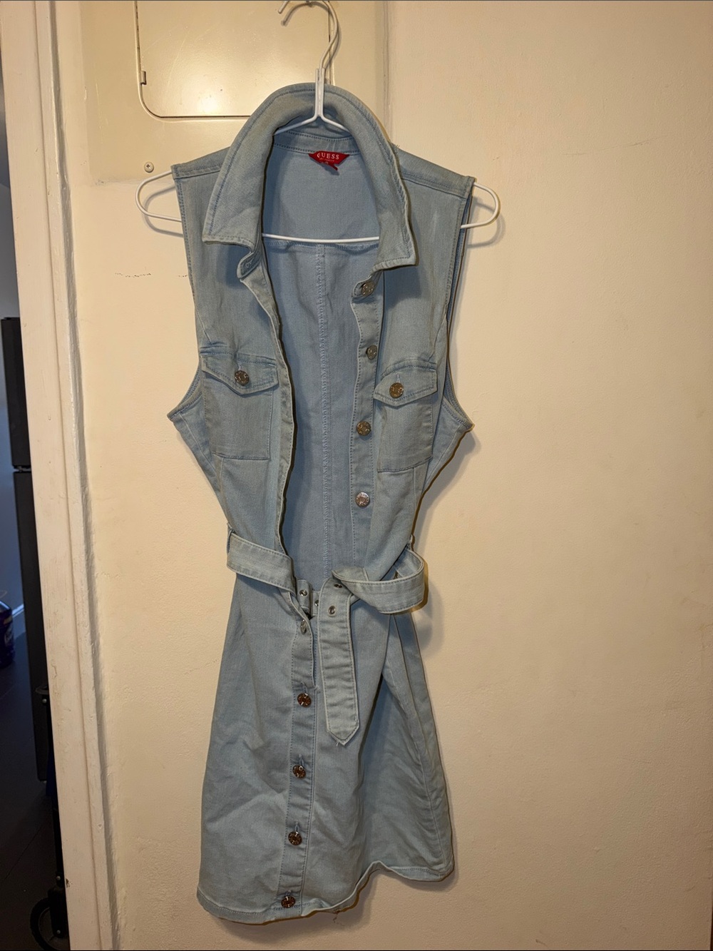 GUESS Light Blue Sleeveless Denim Shirt Dress with Belt